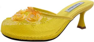 Women's Mesh Mule Slip On Sandals With Floral Sequin Embellishments Round Toe Middle Heel Slides Slippers 2.5 Inch