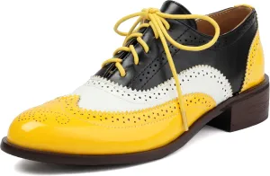 Women's Multicolor Leather Flat Classic Lace Up Oxfords Brogue Wingtip Round Toe Vintage Low Heel Pumps Business Work Office Dress Comfortable Shoes