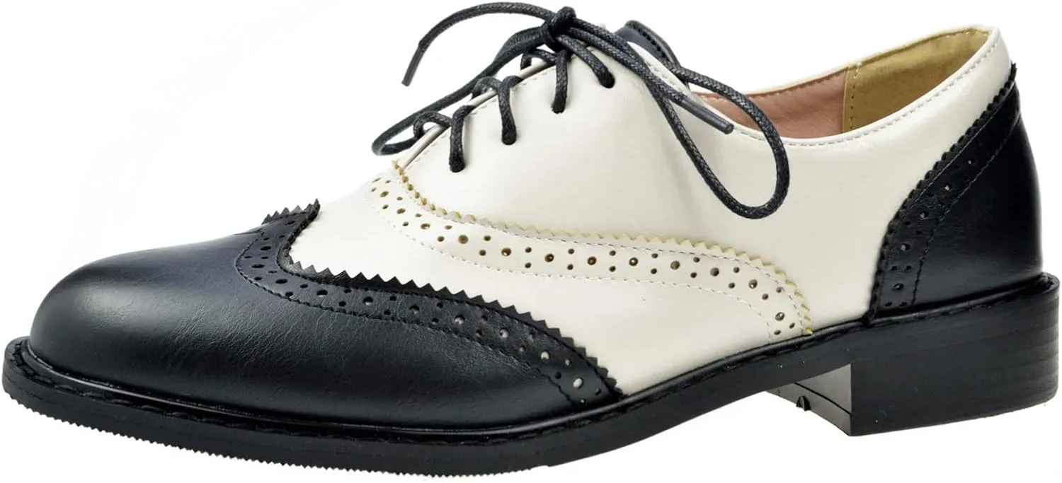 Womens Oxfords Black and White Wingtip Chunky Heeled Patent Leather Vintage Brogue Lace Up Two Tone Saddle Shoes