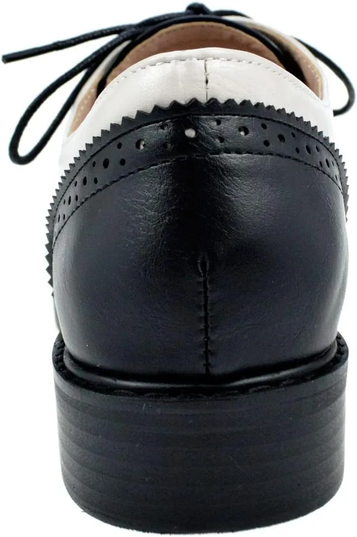 Womens Oxfords Black and White Wingtip Chunky Heeled Patent Leather Vintage Brogue Lace Up Two Tone Saddle Shoes