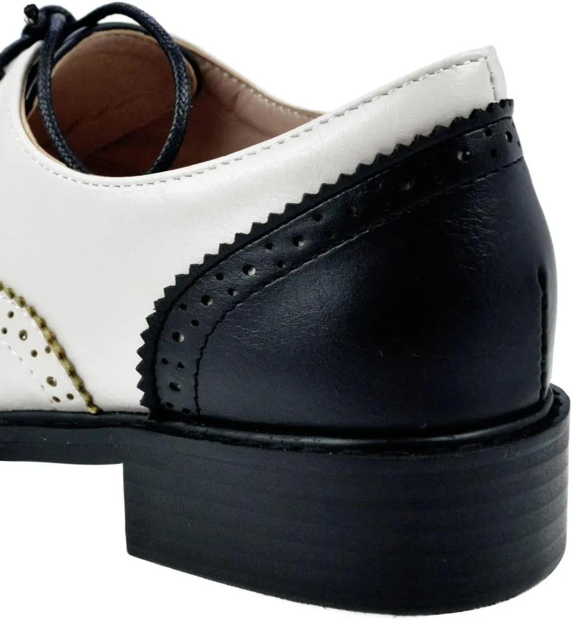 Womens Oxfords Black and White Wingtip Chunky Heeled Patent Leather Vintage Brogue Lace Up Two Tone Saddle Shoes