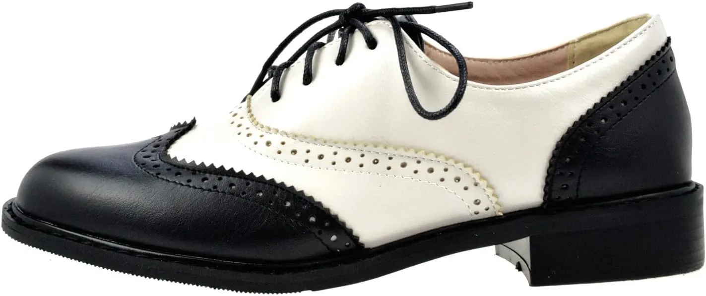 Womens Oxfords Black and White Wingtip Chunky Heeled Patent Leather Vintage Brogue Lace Up Two Tone Saddle Shoes