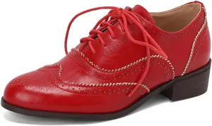Women's Oxfords Lace Up Wingtip Vintage Flat Pumps Comfortable Low Heel Business Brogue Work Office Round Toe Dress Shoes