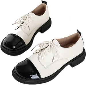 Women's Patent Leather Lace-Up Formal Oxfords Casual Color Matching Round Toe Chunky Heel Dress Shoes for Business Office Work
