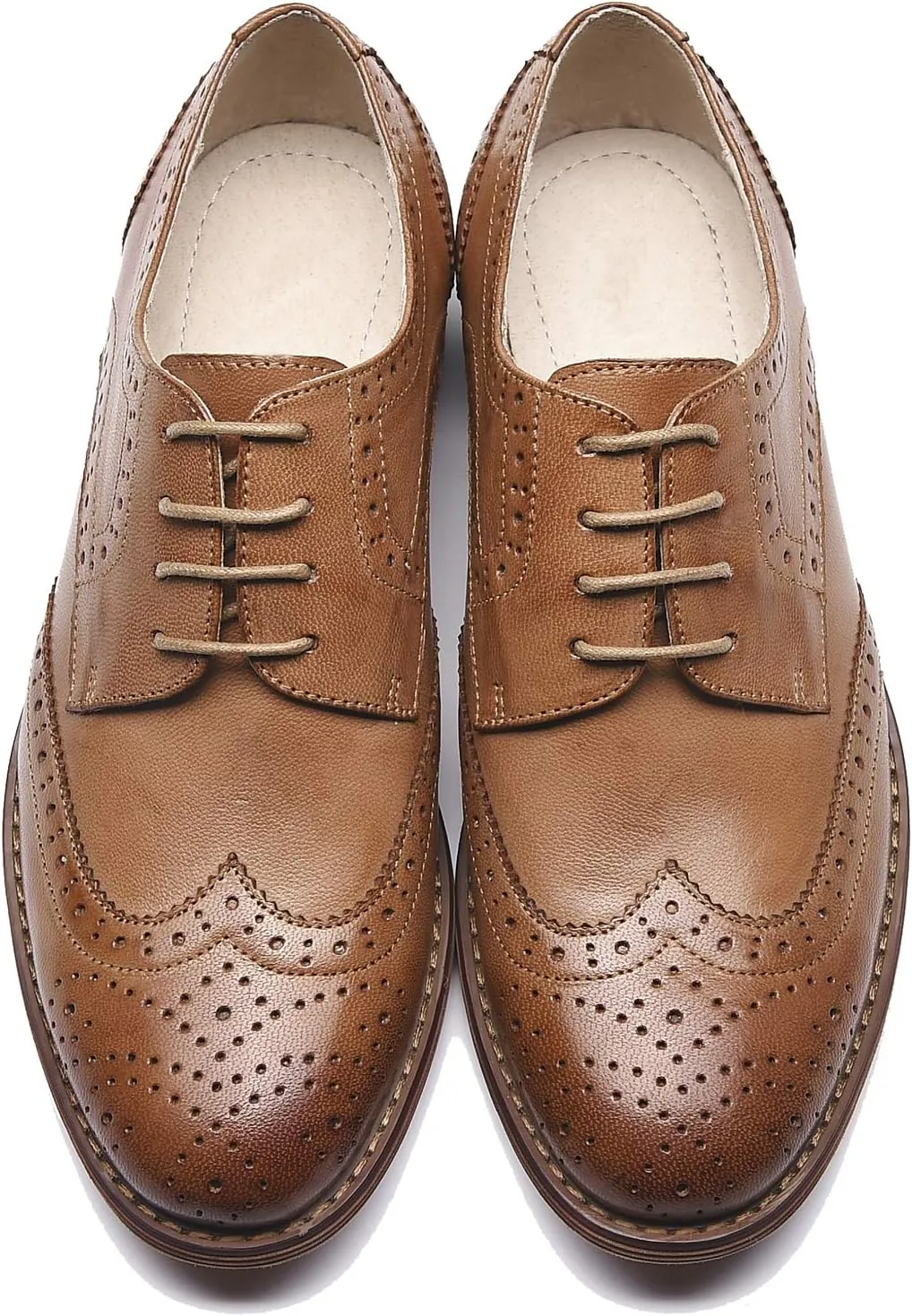 Women's Perforated Classic Lace-up Oxfords Brogue Wingtip Round Toe Derby Saddle Leather Shoes for Women Girls Lady Wife
