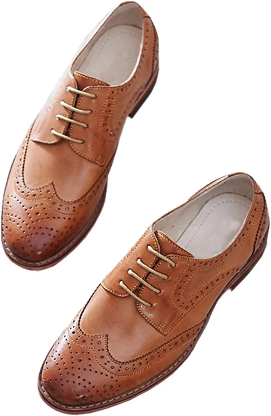 Women's Perforated Classic Lace-up Oxfords Brogue Wingtip Round Toe Derby Saddle Leather Shoes for Women Girls Lady Wife