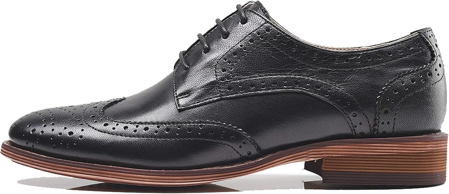 Women's Perforated Classic Lace-up Oxfords Brogue Wingtip Round Toe Derby Saddle Leather Shoes for Women Girls Lady Wife
