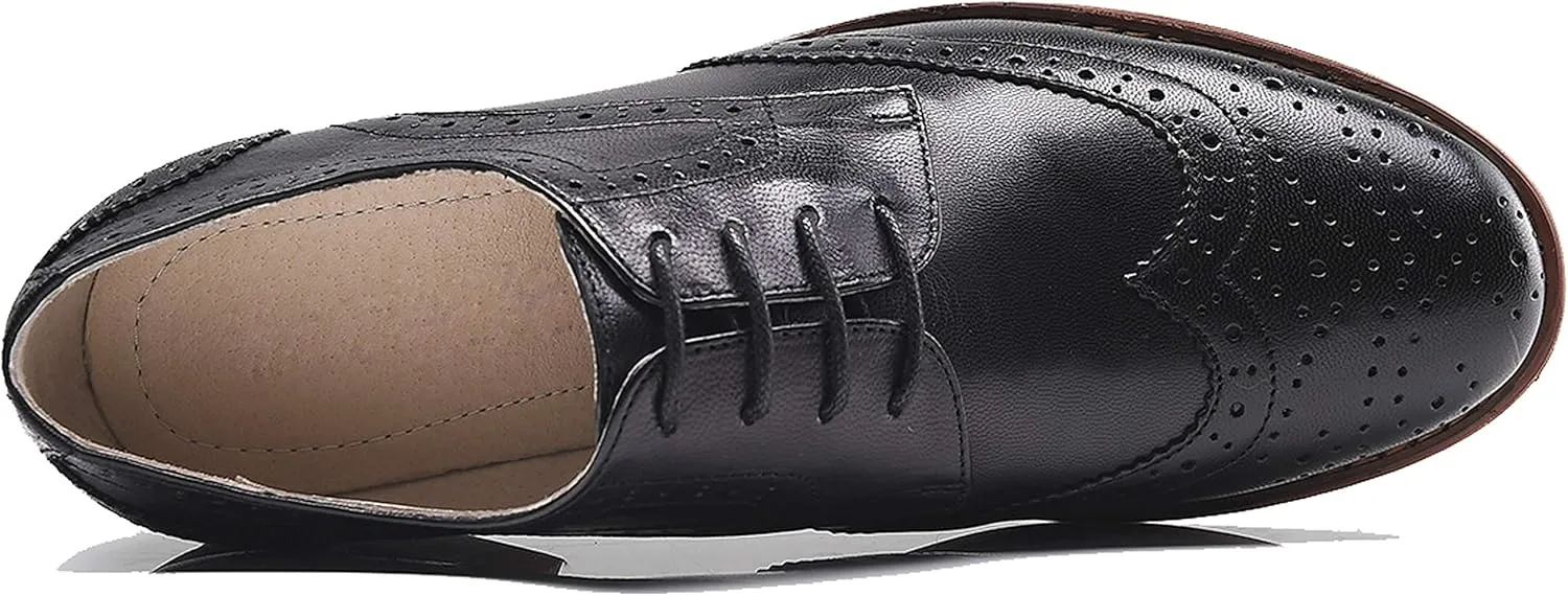 Women's Perforated Classic Lace-up Oxfords Brogue Wingtip Round Toe Derby Saddle Leather Shoes for Women Girls Lady Wife