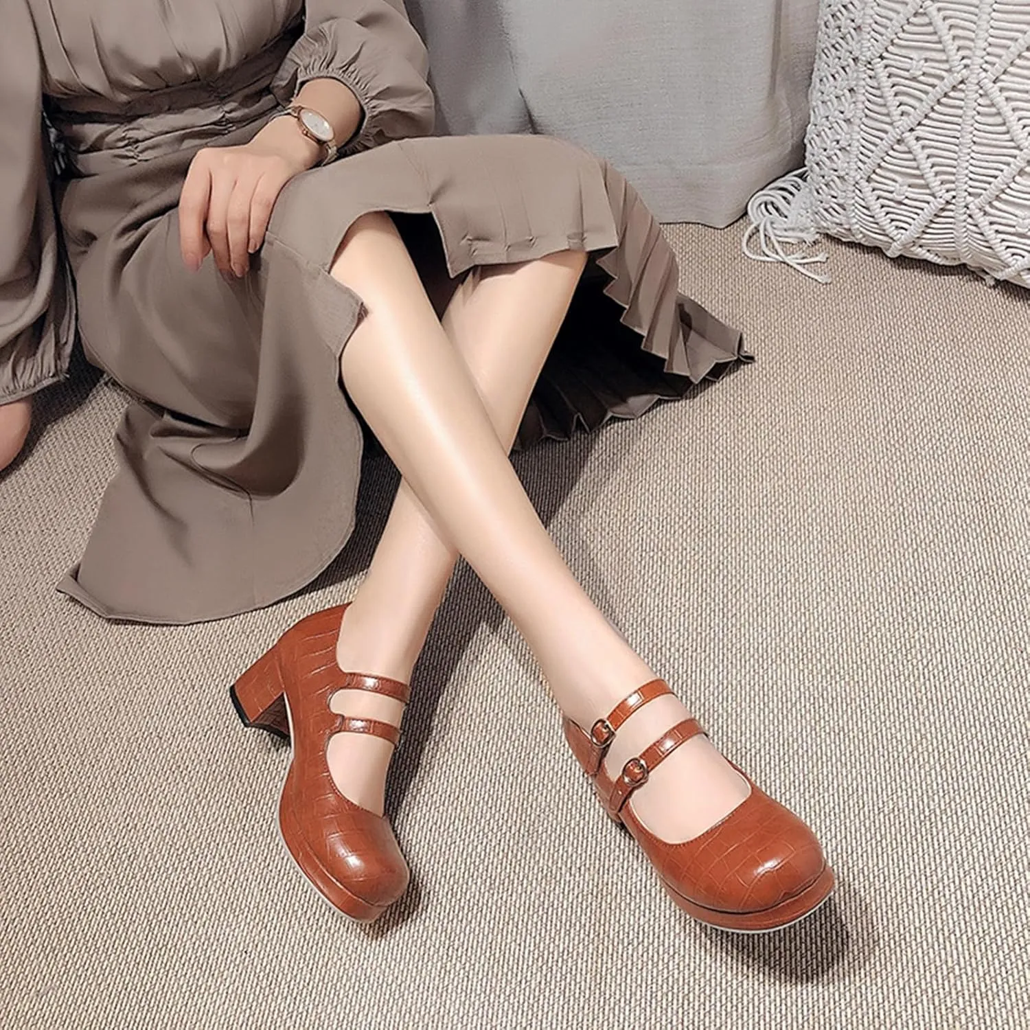 Women's Platform Mary Jane Pumps Round Toe Chunky Mid Heel Double Ankle Buckle Strap Oxford Dress Shoes