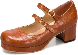 Women's Platform Mary Jane Pumps Round Toe Chunky Mid Heel Double Ankle Buckle Strap Oxford Dress Shoes