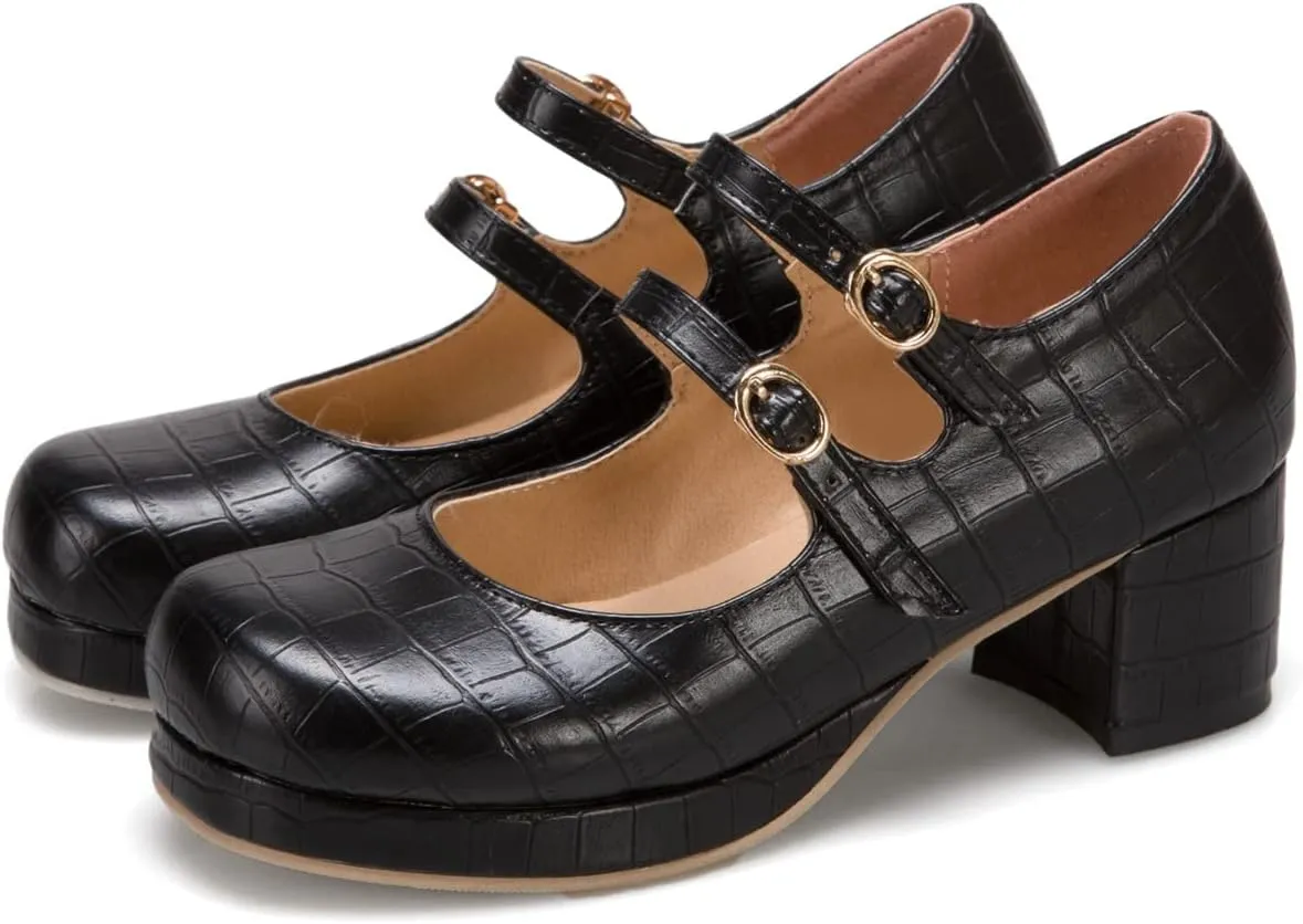 Women's Platform Mary Jane Pumps Round Toe Chunky Mid Heel Double Ankle Buckle Strap Oxford Dress Shoes