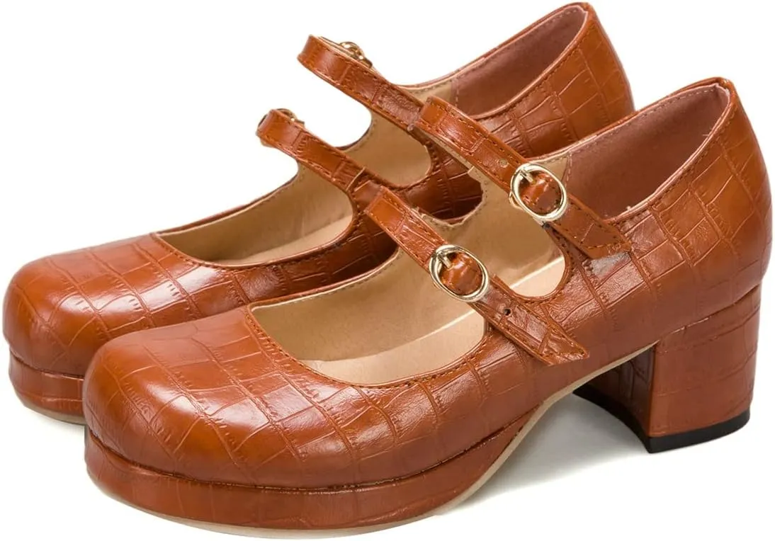 Women's Platform Mary Jane Pumps Round Toe Chunky Mid Heel Double Ankle Buckle Strap Oxford Dress Shoes