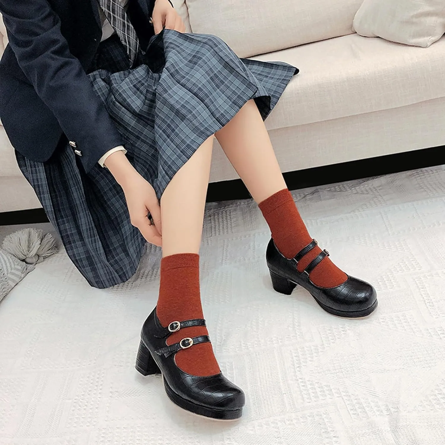 Women's Platform Mary Jane Pumps Round Toe Chunky Mid Heel Double Ankle Buckle Strap Oxford Dress Shoes