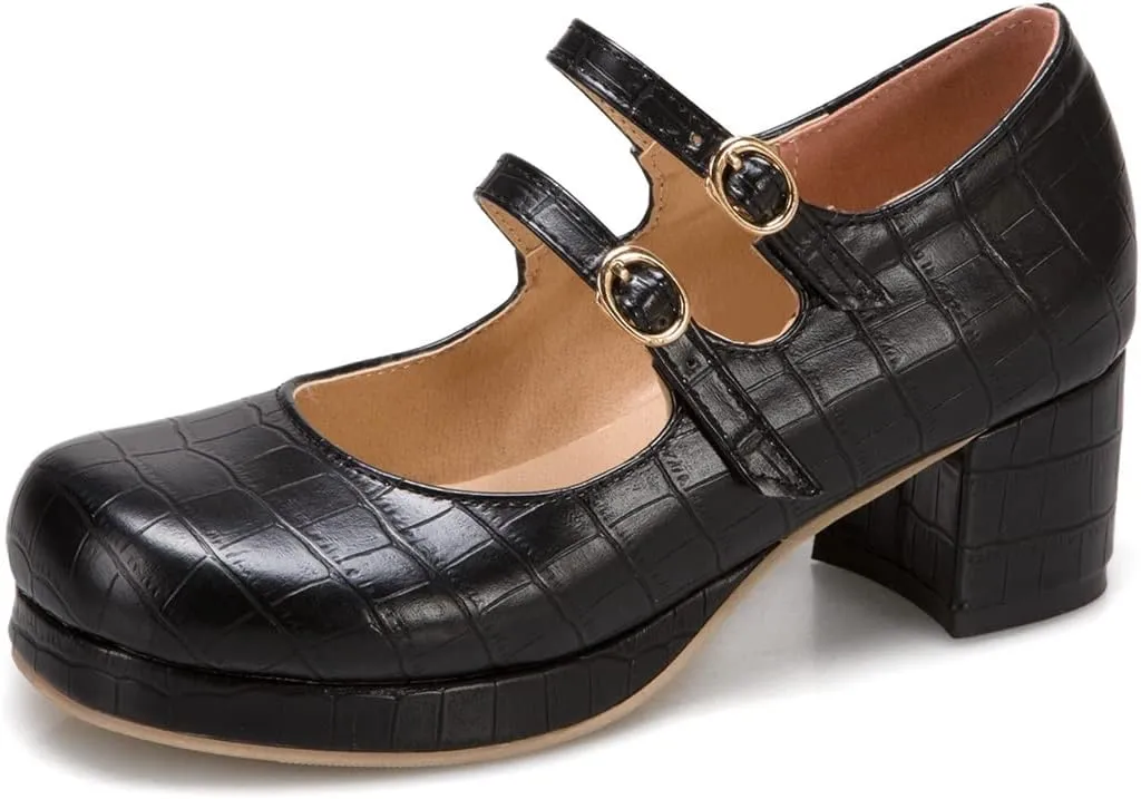 Women's Platform Mary Jane Pumps Round Toe Chunky Mid Heel Double Ankle Buckle Strap Oxford Dress Shoes