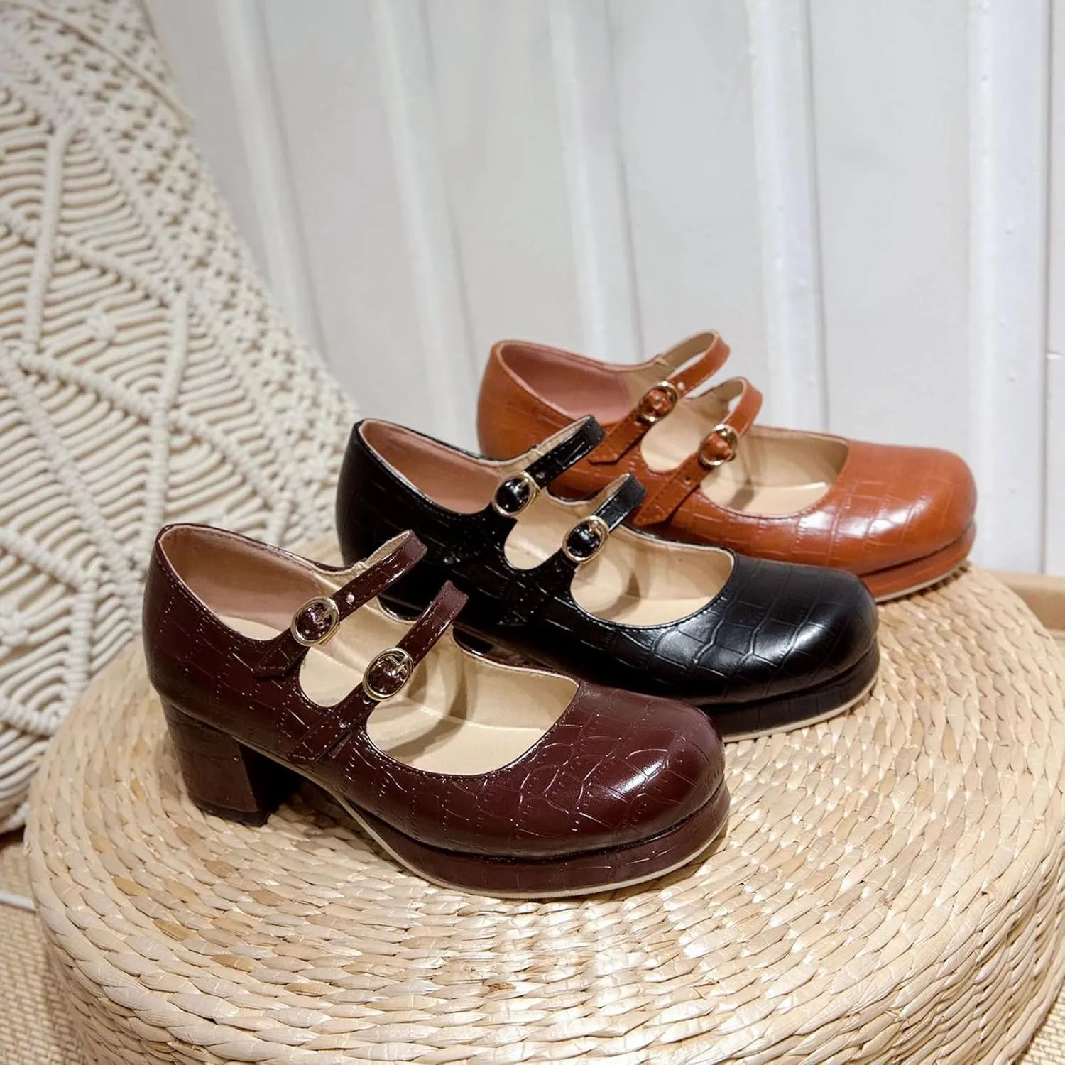 Women's Platform Mary Jane Pumps Round Toe Chunky Mid Heel Double Ankle Buckle Strap Oxford Dress Shoes