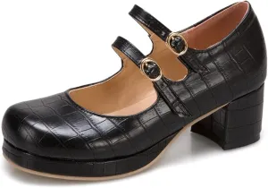 Women's Platform Mary Jane Pumps Round Toe Chunky Mid Heel Double Ankle Buckle Strap Oxford Dress Shoes