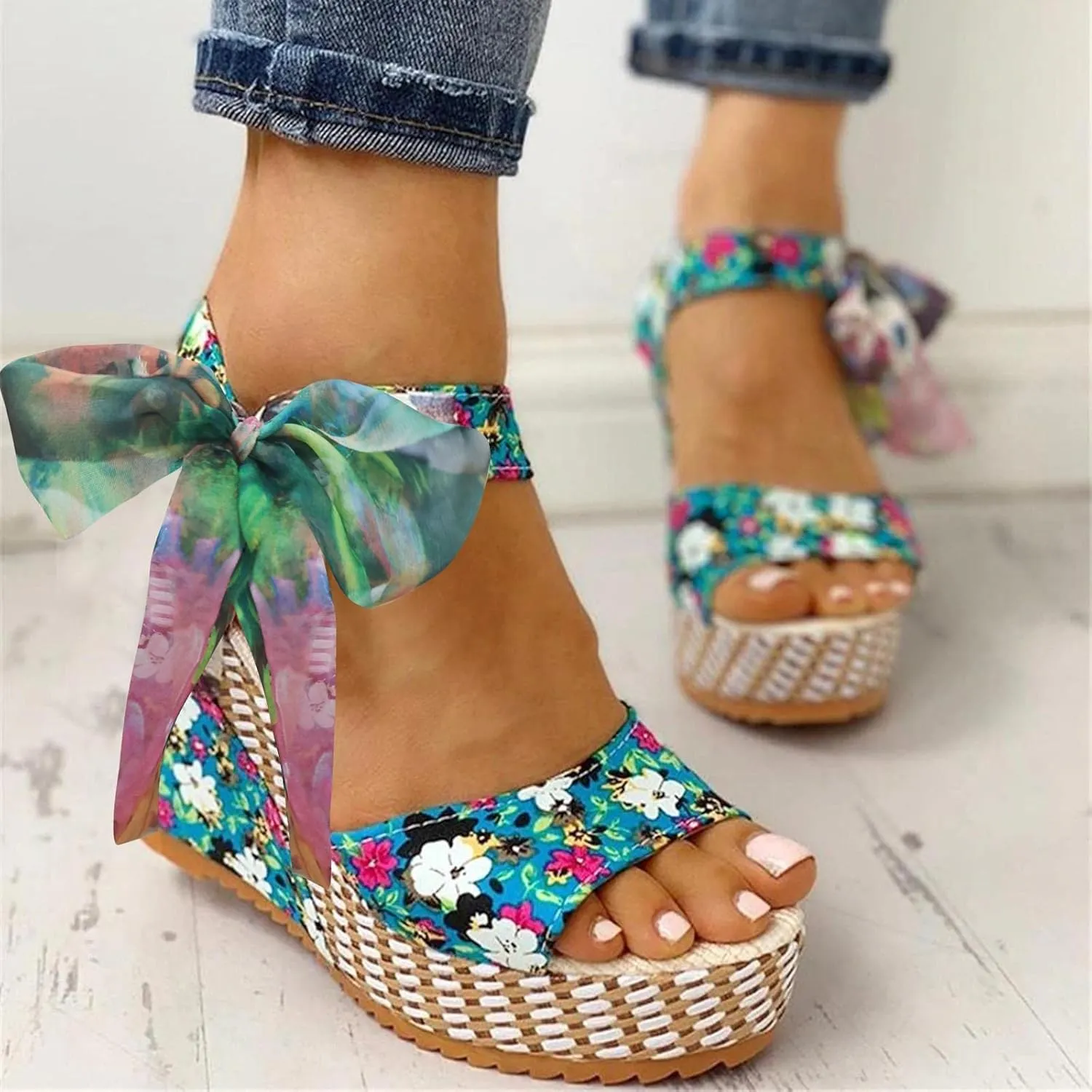 Women's Platform Sandals Wedge Open Toe Ankle Strap Lace Wedding Bridesmaid Shoes Bohemia Wide Width Summer Dressy