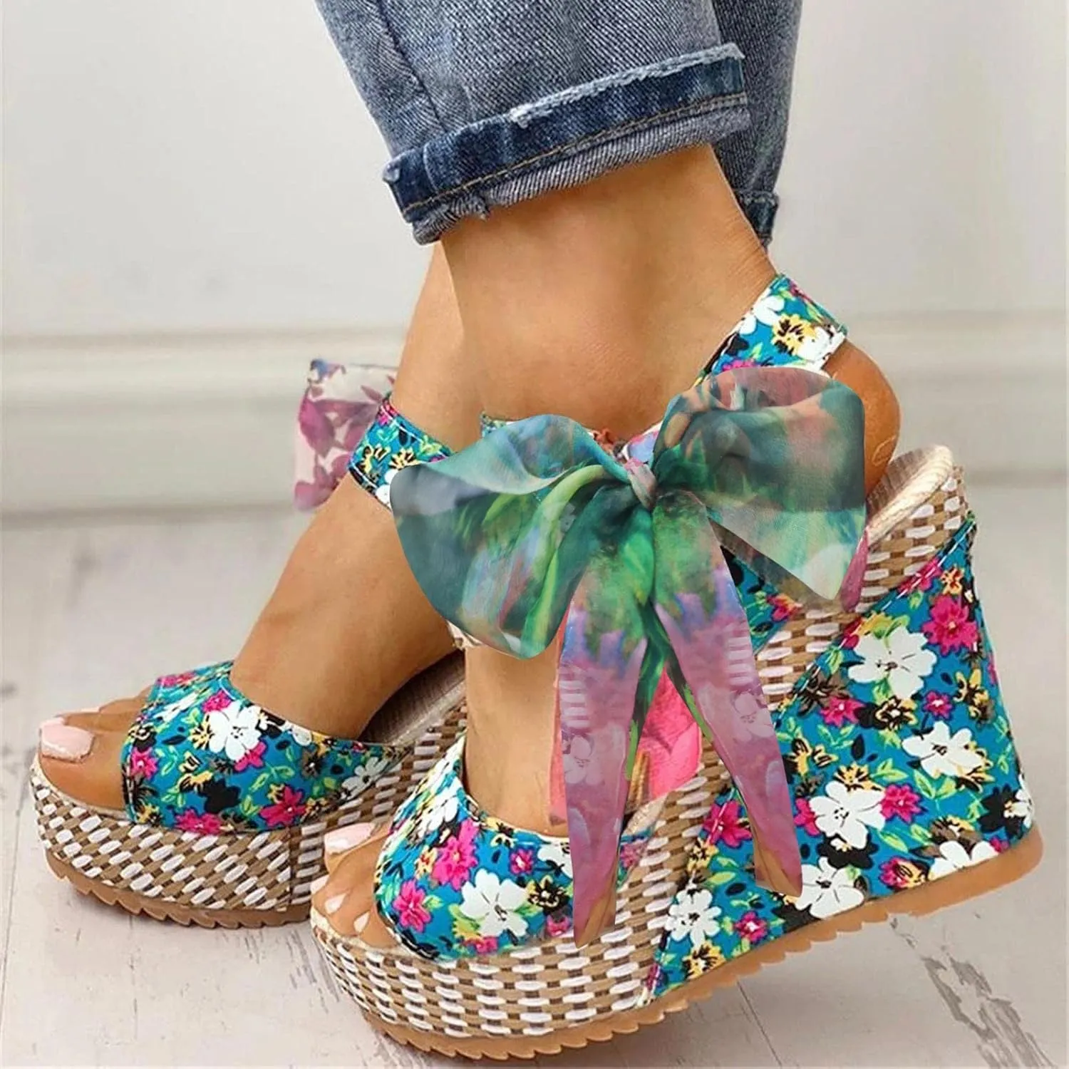 Women's Platform Sandals Wedge Open Toe Ankle Strap Lace Wedding Bridesmaid Shoes Bohemia Wide Width Summer Dressy