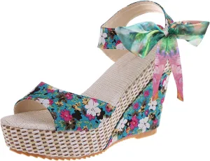 Women's Platform Sandals Wedge Open Toe Ankle Strap Lace Wedding Bridesmaid Shoes Bohemia Wide Width Summer Dressy