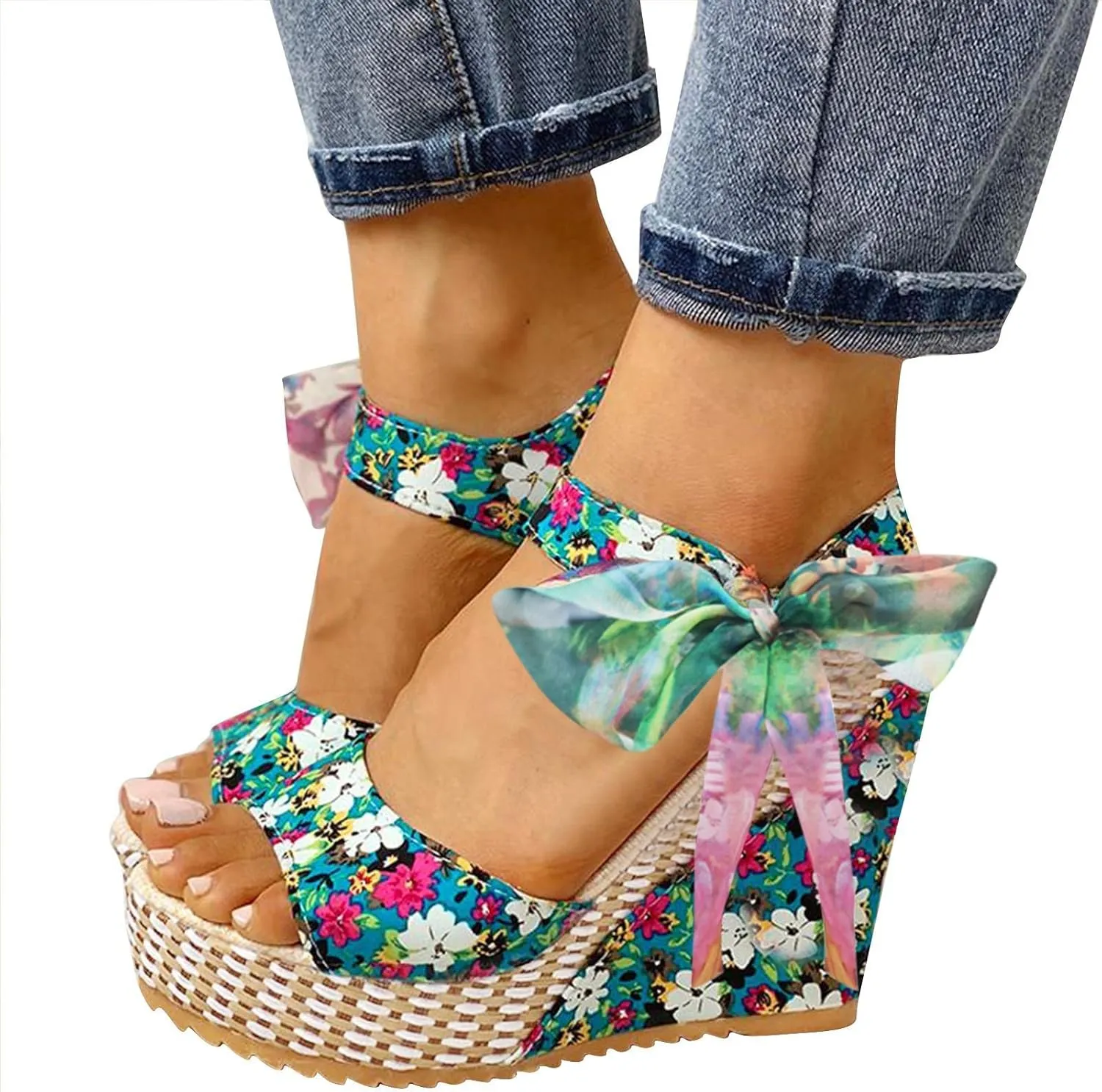 Women's Platform Sandals Wedge Open Toe Ankle Strap Lace Wedding Bridesmaid Shoes Bohemia Wide Width Summer Dressy