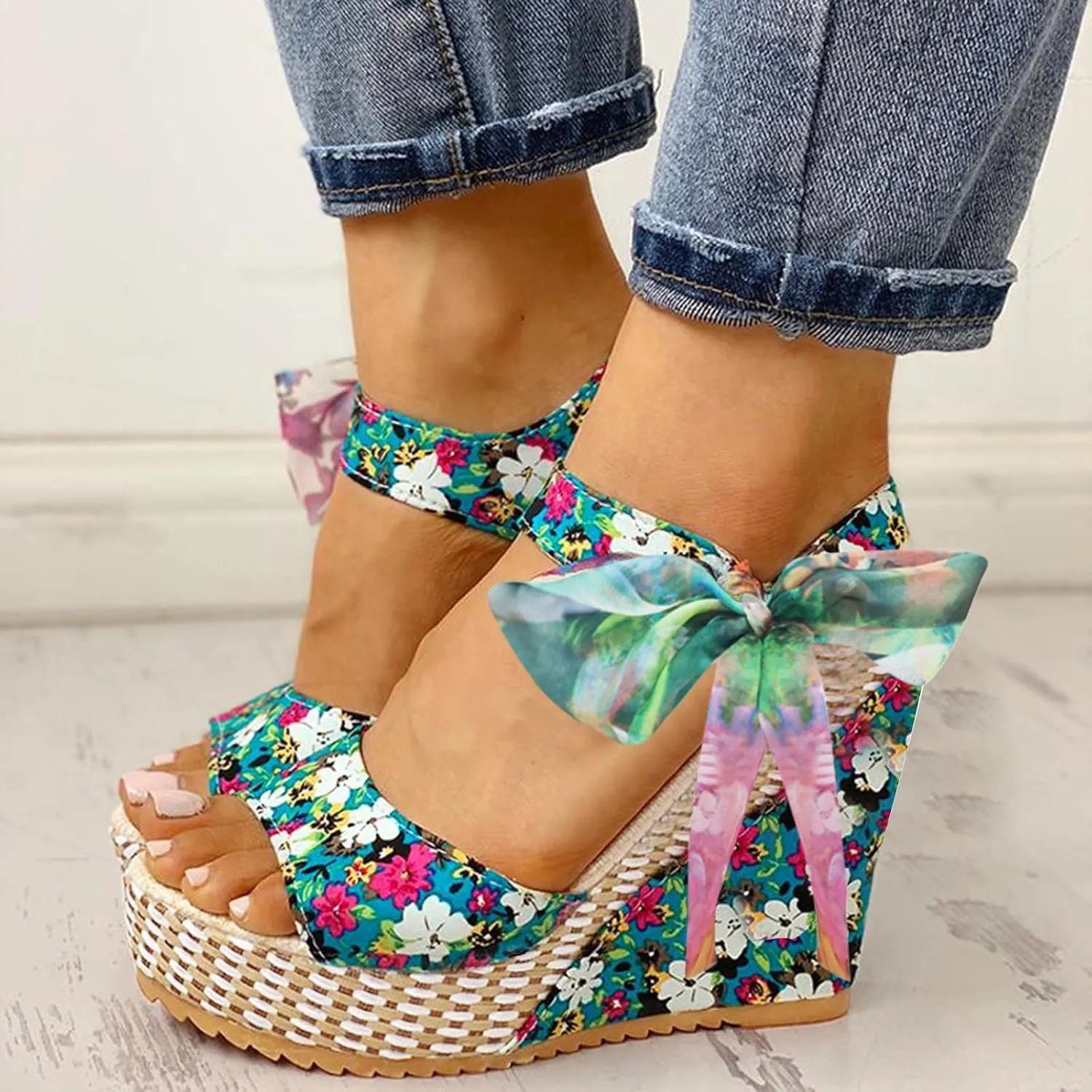 Women's Platform Sandals Wedge Open Toe Ankle Strap Lace Wedding Bridesmaid Shoes Bohemia Wide Width Summer Dressy
