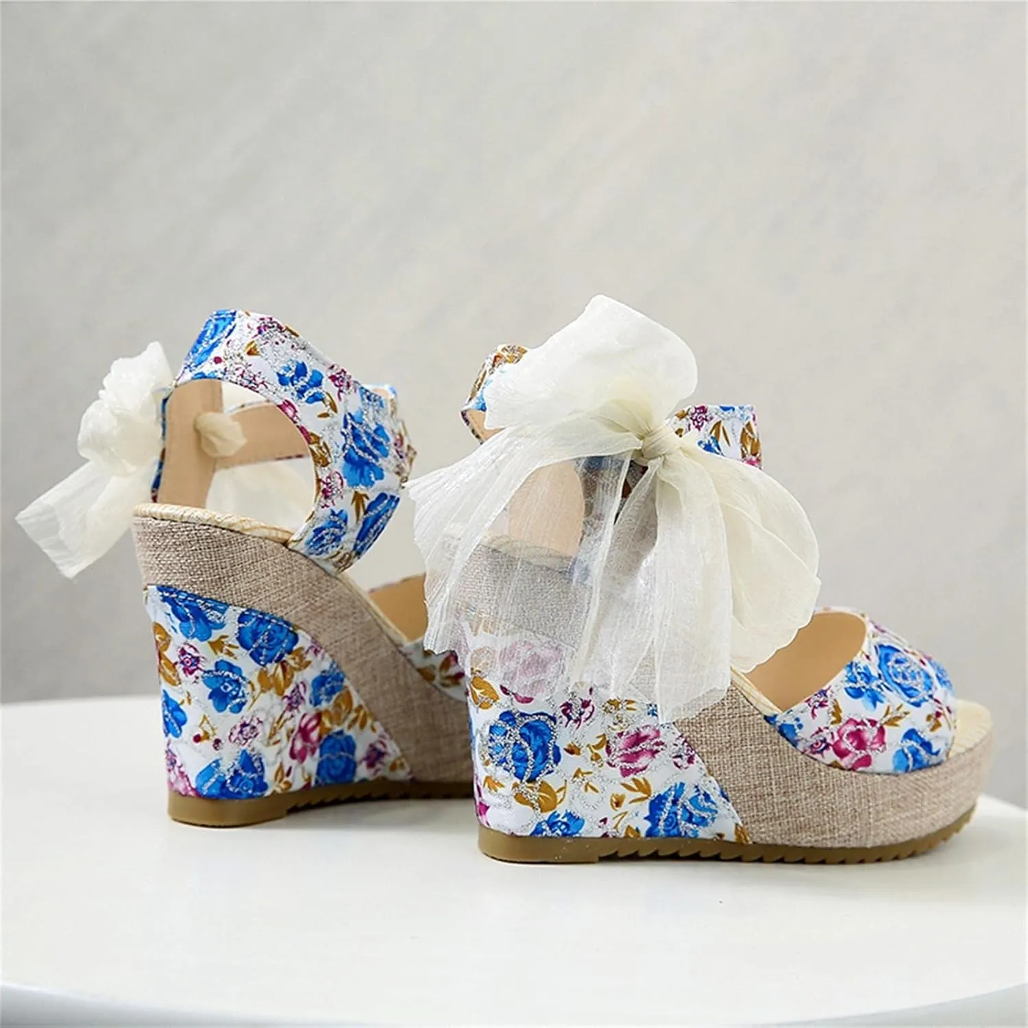 Women's Platform Sandals Wedge Open Toe Ankle Strap Lace Wedding Bridesmaid Shoes Lightweight Summer Dressy Casual Close Toe