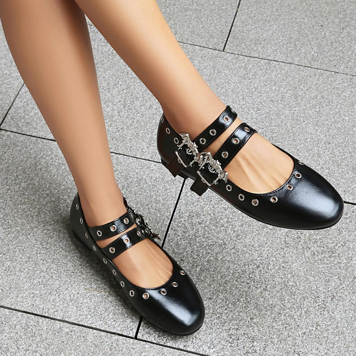 Women's Punk Ballet Flats Round Toe Mary Jane Metal Eyelet Studded Grommet Double Buckle Anckle Straps Shoes