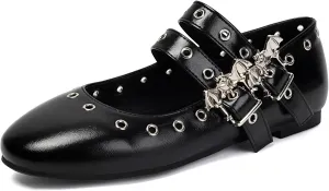 Women's Punk Ballet Flats Round Toe Mary Jane Metal Eyelet Studded Grommet Double Buckle Anckle Straps Shoes