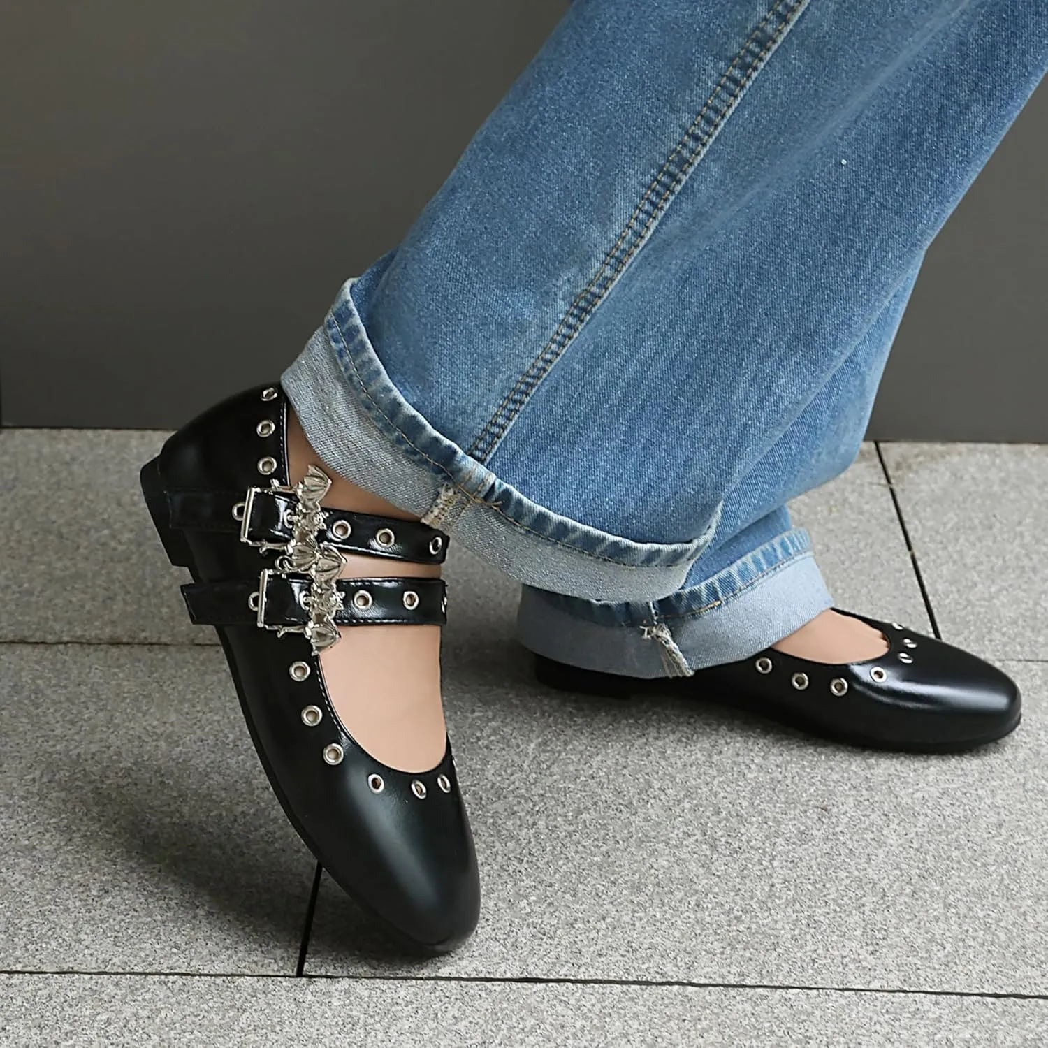Women's Punk Ballet Flats Round Toe Mary Jane Metal Eyelet Studded Grommet Double Buckle Anckle Straps Shoes