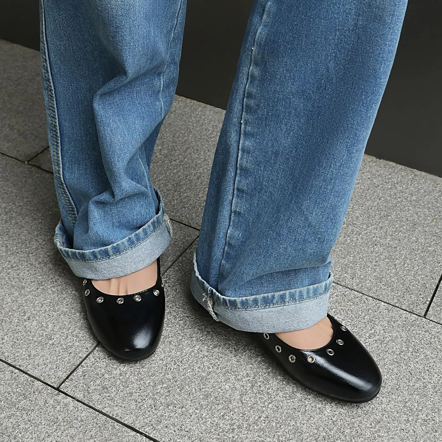 Women's Punk Ballet Flats Round Toe Mary Jane Metal Eyelet Studded Grommet Double Buckle Anckle Straps Shoes