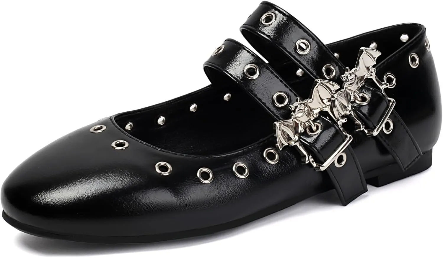 Women's Punk Ballet Flats Round Toe Mary Jane Metal Eyelet Studded Grommet Double Buckle Anckle Straps Shoes