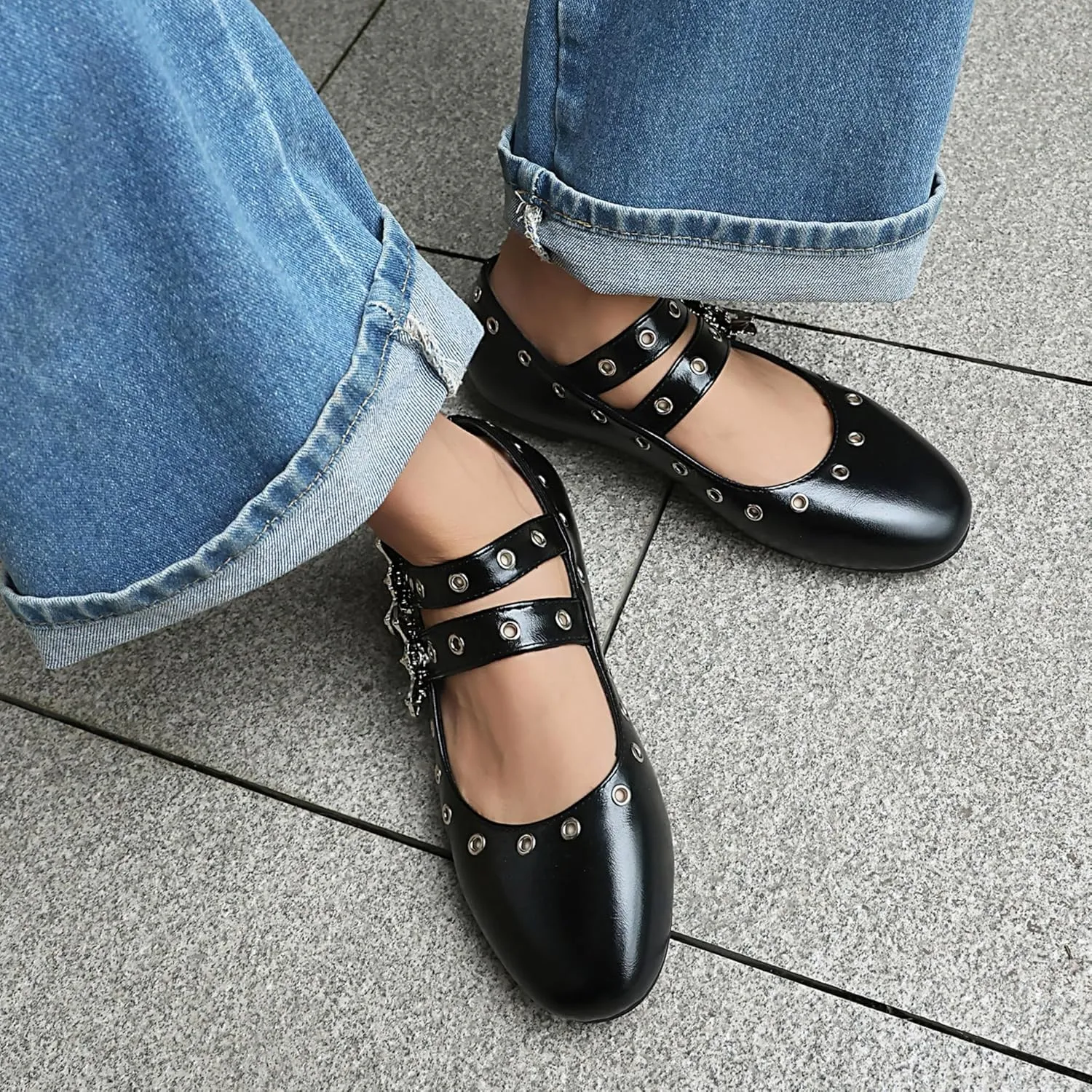 Women's Punk Ballet Flats Round Toe Mary Jane Metal Eyelet Studded Grommet Double Buckle Anckle Straps Shoes