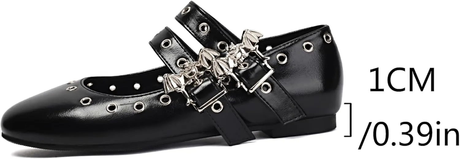 Women's Punk Ballet Flats Round Toe Mary Jane Metal Eyelet Studded Grommet Double Buckle Anckle Straps Shoes