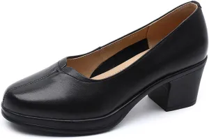 Women's Retro Round Toe Classic Platform Mid Heel High Heels Fashionable and Comfortable Leather Thick Heeled Dress Shoes
