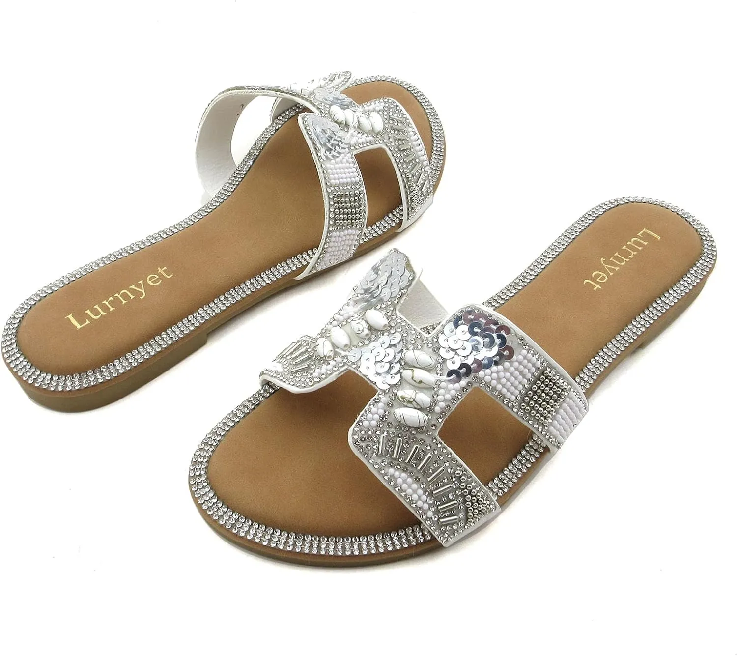 Women's Rhinestone Embellished Comfort Cushion Slide Flat Sandals with Sequin and Crystal Beaded: Stylish Design, Non-Slip Rubber Sole, Latex Insole for Comfort, Perfect for Parties, Gatherings, Casual Wear, Vacations, and Beach Days