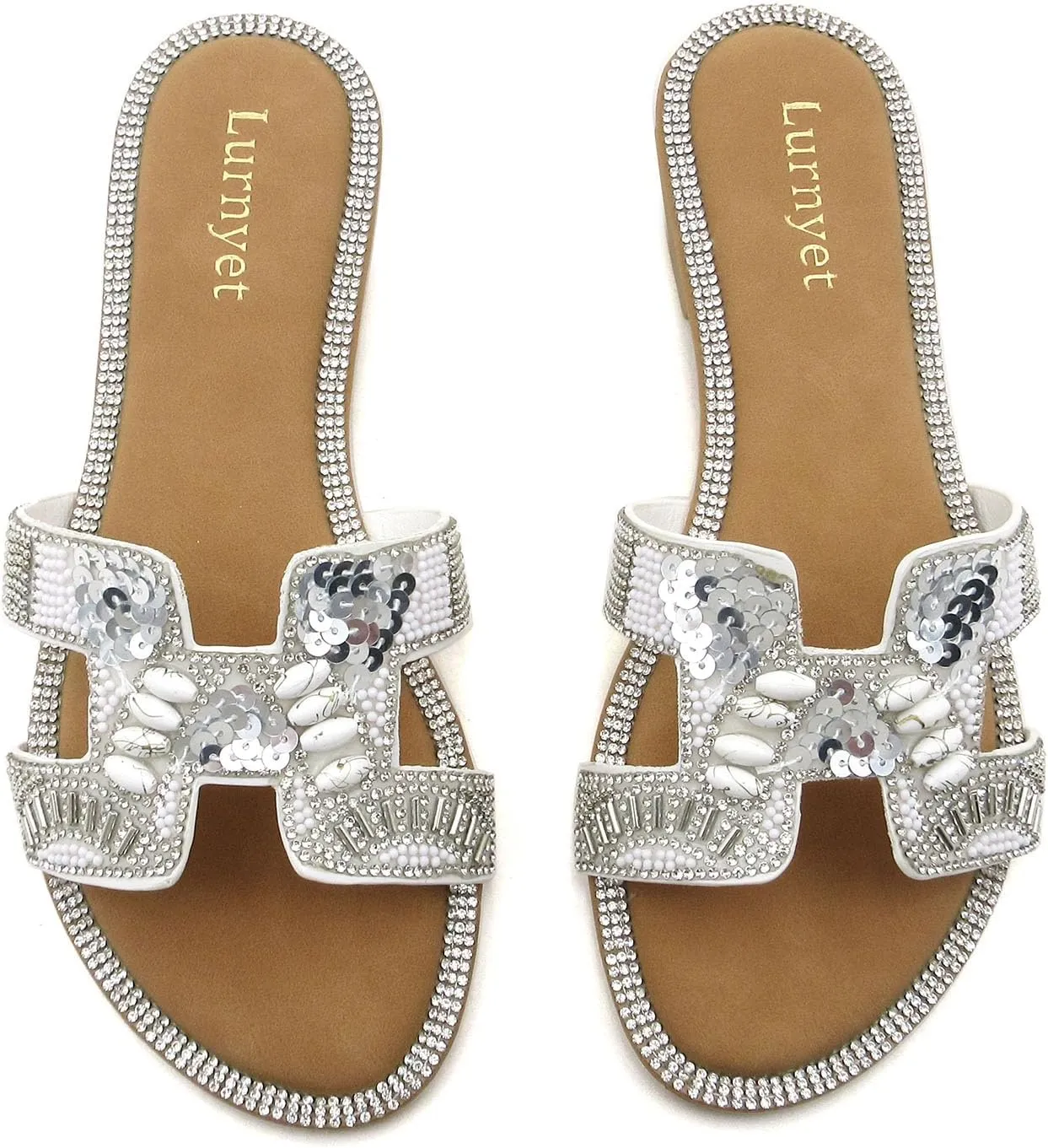 Women's Rhinestone Embellished Comfort Cushion Slide Flat Sandals with Sequin and Crystal Beaded: Stylish Design, Non-Slip Rubber Sole, Latex Insole for Comfort, Perfect for Parties, Gatherings, Casual Wear, Vacations, and Beach Days