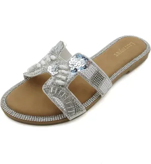 Women's Rhinestone Embellished Comfort Cushion Slide Flat Sandals with Sequin and Crystal Beaded: Stylish Design, Non-Slip Rubber Sole, Latex Insole for Comfort, Perfect for Parties, Gatherings, Casual Wear, Vacations, and Beach Days