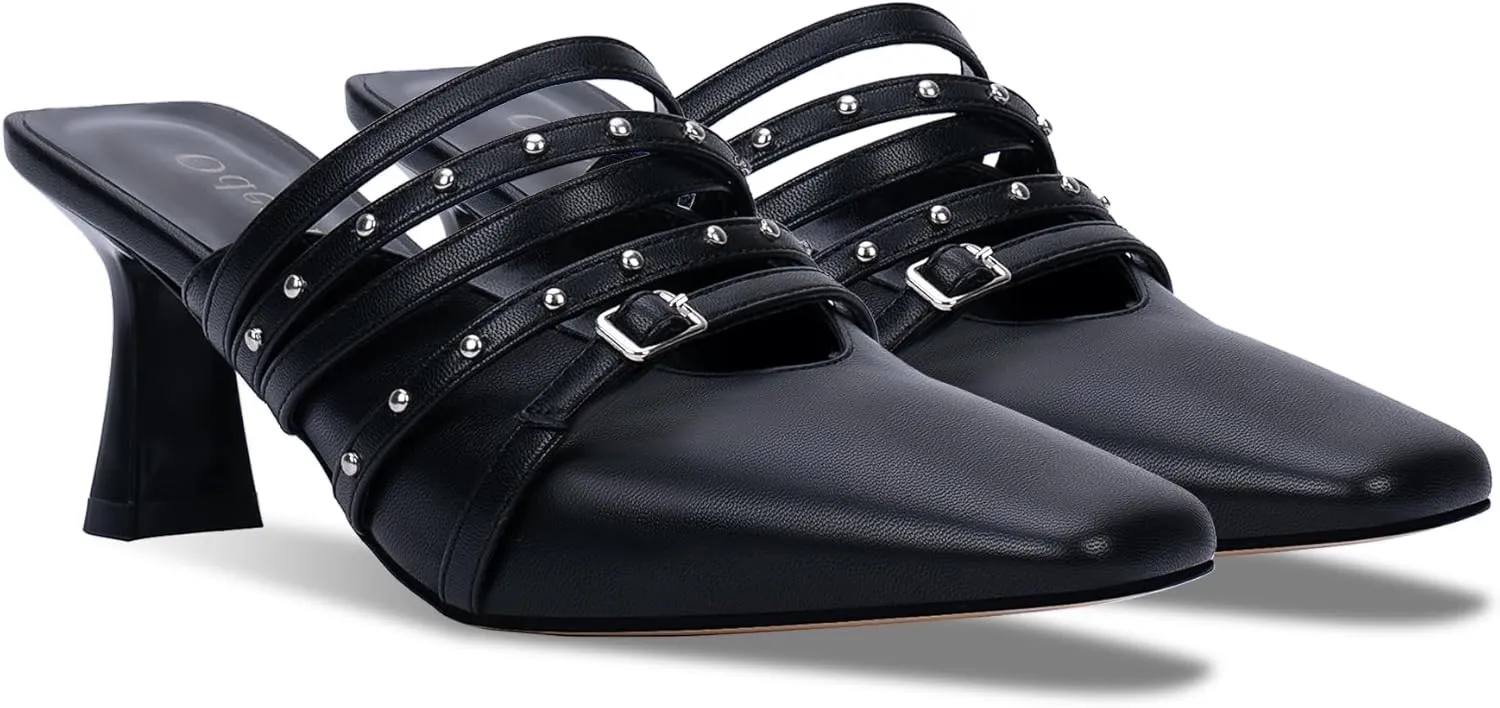 Women's Rivet Kitten Heel Closed Toe Buckle Mules Dress Shoes