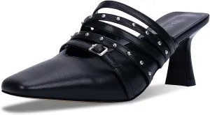 Women's Rivet Kitten Heel Closed Toe Buckle Mules Dress Shoes