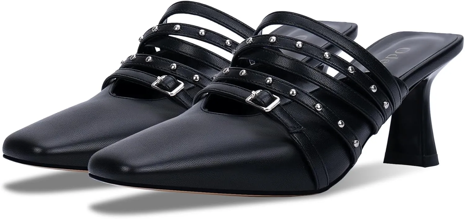 Women's Rivet Kitten Heel Closed Toe Buckle Mules Dress Shoes