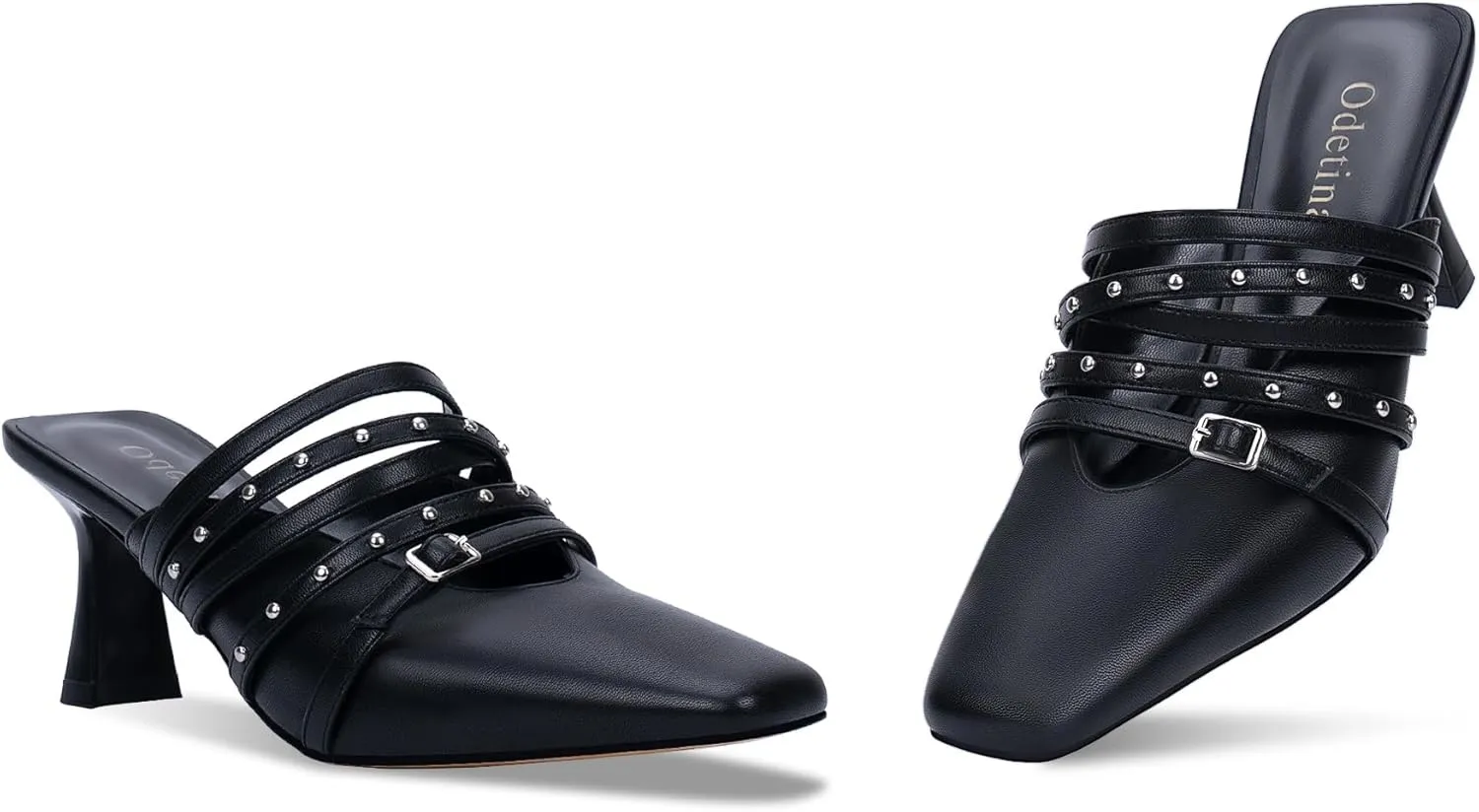 Women's Rivet Kitten Heel Closed Toe Buckle Mules Dress Shoes