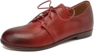 Women's Round Toe Handmade Lace Up Genuine Leather Comfortable Flat Oxford Shoes