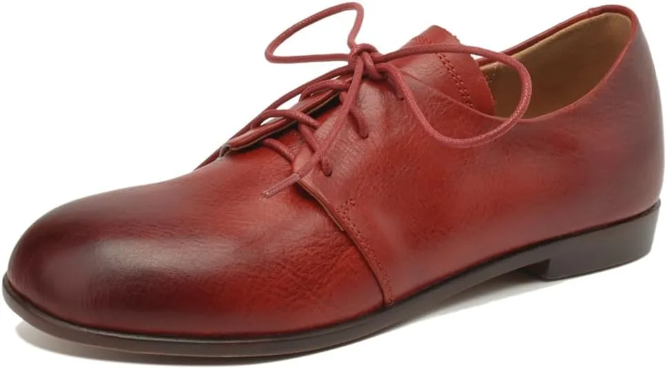 Women's Round Toe Handmade Lace Up Genuine Leather Comfortable Flat Oxford Shoes