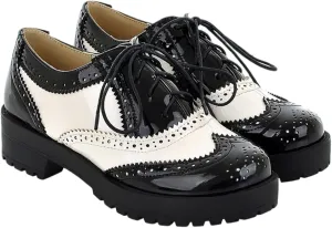 Women's Round Toe Lace up Oxford Shoes Soft Low Heel Loafers with Perforated Wings Brogue Women's Bottom Shoes