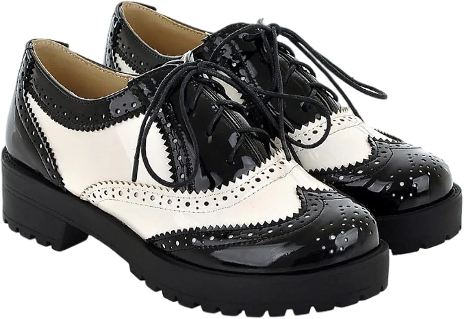 Women's Round Toe Lace up Oxford Shoes Soft Low Heel Loafers with Perforated Wings Brogue Women's Bottom Shoes