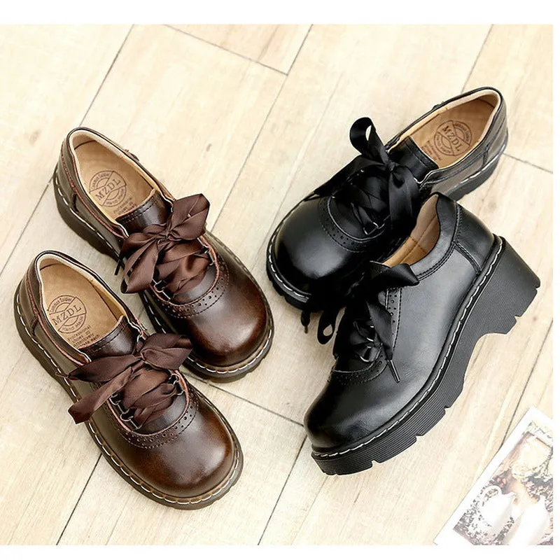 Womens Round Toe Retro Platform Lace Up Oxford Shoes
