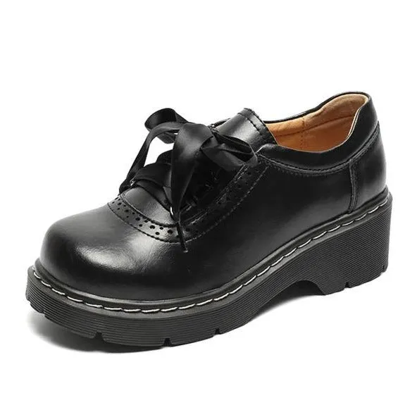 Womens Round Toe Retro Platform Lace Up Oxford Shoes