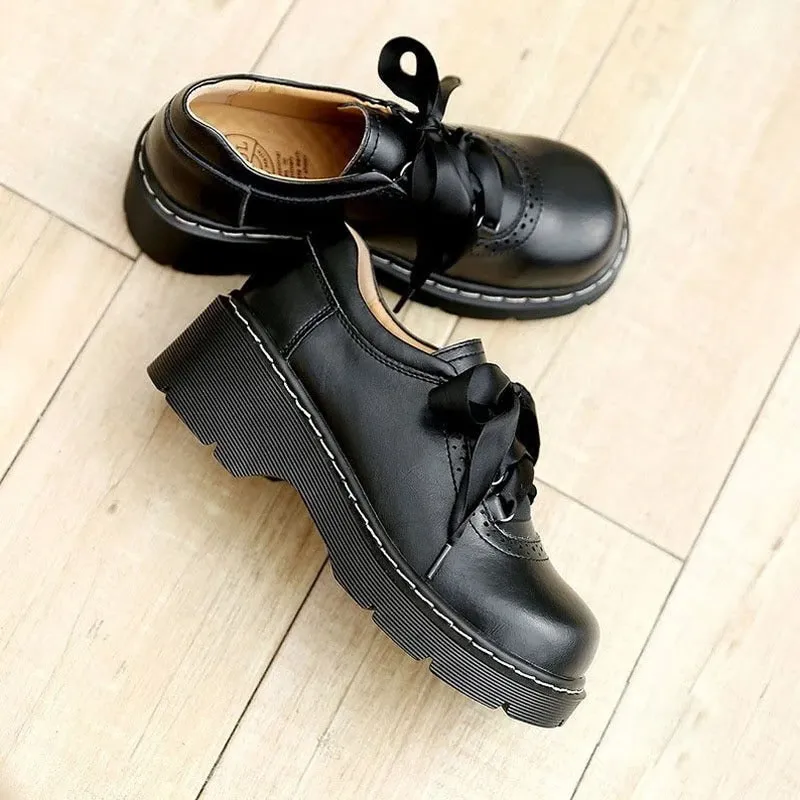 Womens Round Toe Retro Platform Lace Up Oxford Shoes