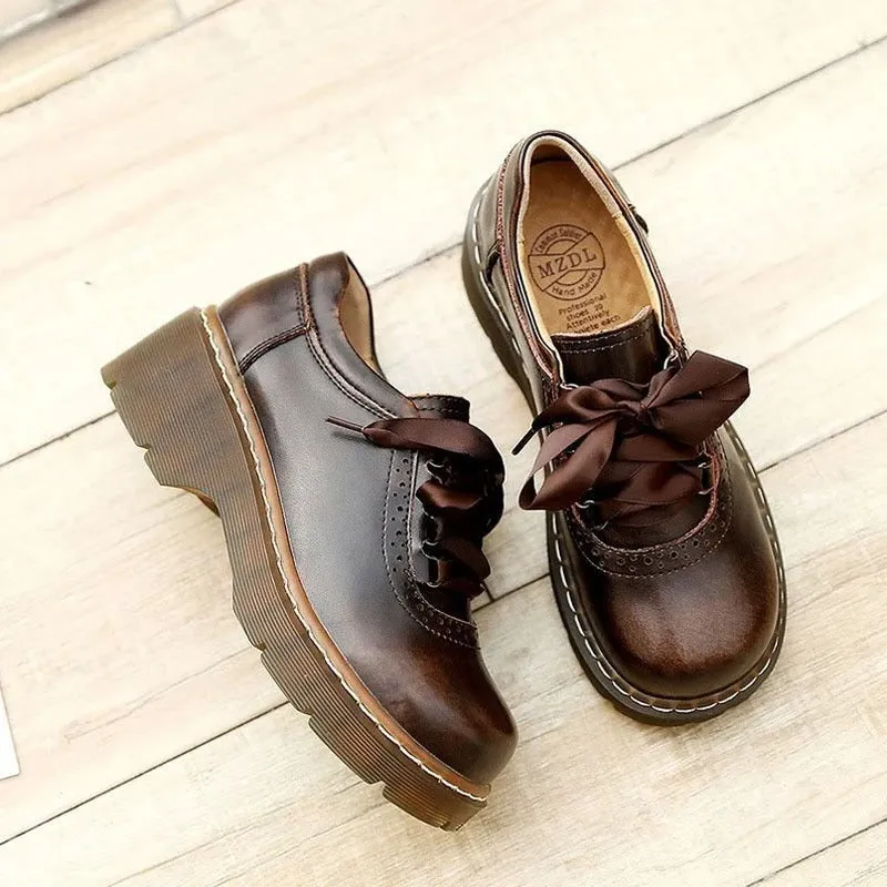 Womens Round Toe Retro Platform Lace Up Oxford Shoes
