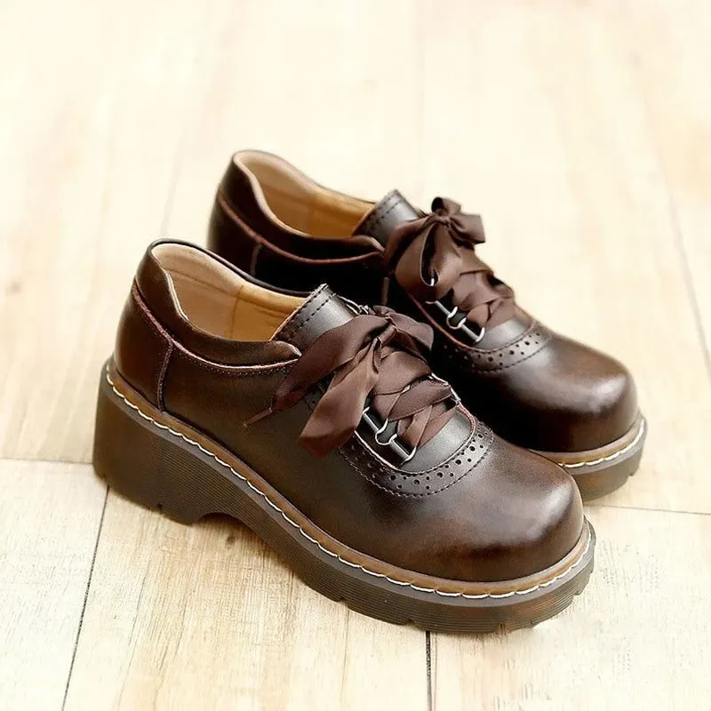 Womens Round Toe Retro Platform Lace Up Oxford Shoes